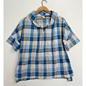 LINTCO Linen Short Sleeve Top Womens XL Blue Check Relaxed Fit Collar‎